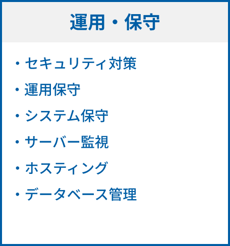 運用・保守の具体的な内容。セキュリティ対策、運用保守、システム保守、サーバー監視、ホスティング、データベース管理。